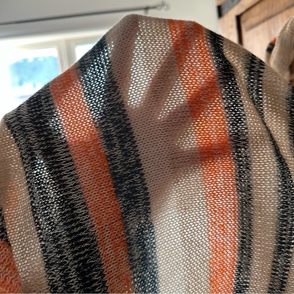 Poof Striped Knit Fringe Cardigan Sweater with Hoodie Cream Black Orange - Large - Picture 8 of 11